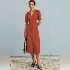 RIHOAS the Brick Red V-Neck Button Puff Sleeve MIDI Dress, Small